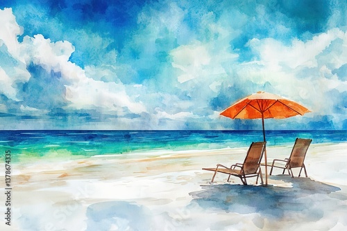 eautiful beach banner. White sand, chairs and umbrella travel tourism wide panorama background concept. Amazing beach watercolor landscape watercolor painting