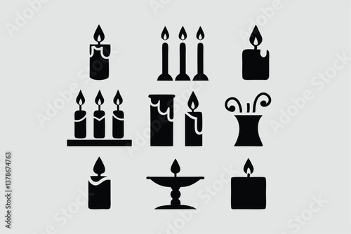 Minimal Black Paraffin Candle Icon Silhouette, Relaxing Aroma Candlelight Decoration Vector.