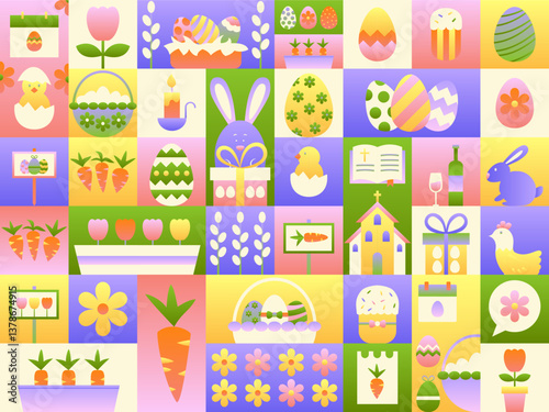 Happy Easter Banner Geometrical. Vector Illustration of Seasonal Religious Holiday. Seamless Spring Background. Egg Hunt and Bunny. Polygonal and Triangular.