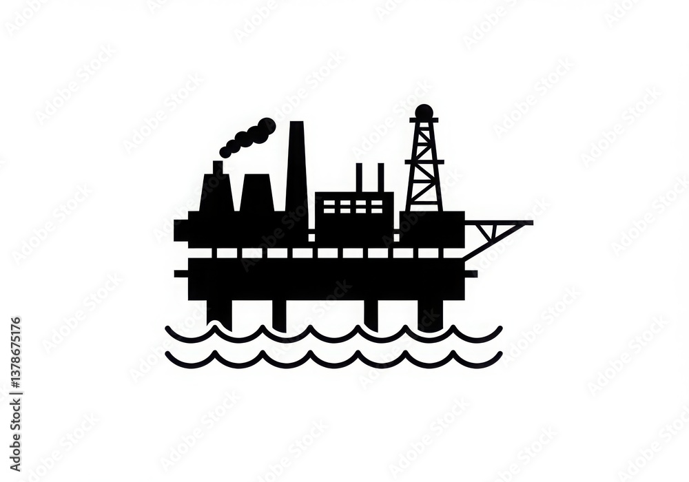 Obraz premium A black silhouette of an offshore oil rig platform over water against a white background space for text