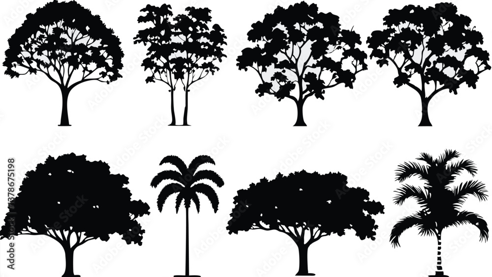 Fototapeta premium Silhouette Tree Line Drawing Set – Vector Outline Trees for Architecture & Landscape Design