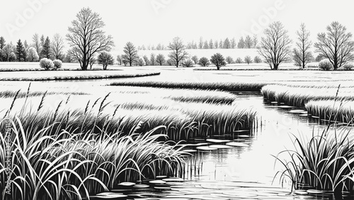 Ink-Stained Marshlands marsh line art drawing ink sketch nature landscape vector hand drawn illustration background
