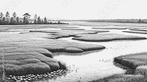 Whispers of the Wetland marsh line art drawing ink sketch nature landscape vector hand drawn illustration background