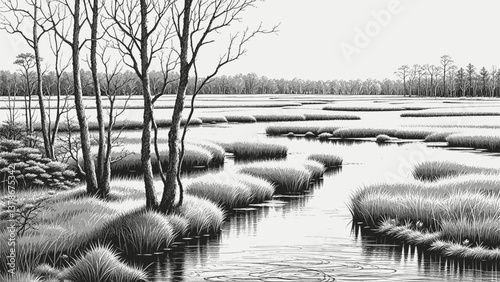 Ethereal Marsh line art drawing ink sketch nature landscape vector hand drawn illustration background