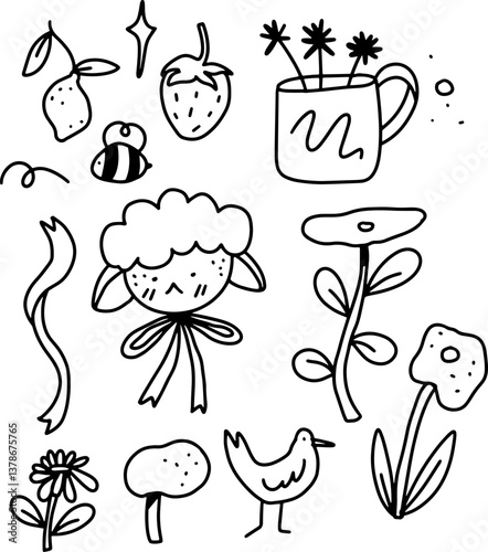 cute doodles black line for templates.