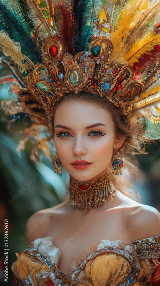 Striking portrait of a woman in a dazzling feathered headdress. Rich golds, reds, greens, and blues create a vibrant, eye-catching display Striking portrait of a woman in a dazzling feathered headdress. Rich golds, reds, greens, and blues create a vibrant, eye-catching display