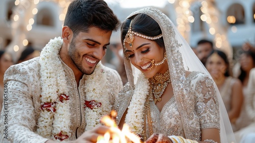 A bride and groom are getting married and the bride is wearing a white dress