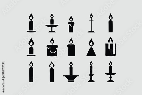 Minimal Black Paraffin Candle Icon Silhouette, Relaxing Aroma Candlelight Decoration Vector.