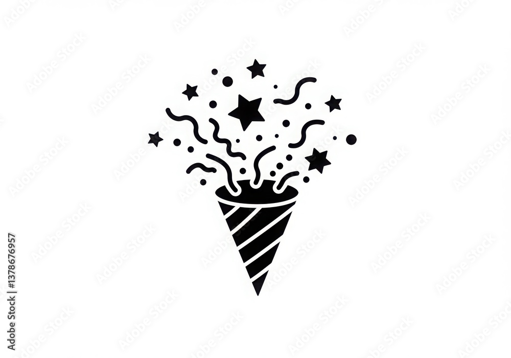 A black and white graphic of a party popper with stars and confetti exploding from the top of it A black and white graphic of a party popper with stars and confetti exploding from the top of it