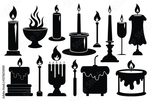Minimal Black Paraffin Candle Icon Silhouette, Relaxing Aroma Candlelight Decoration Vector.