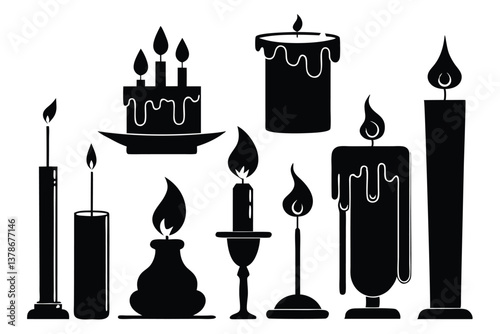Minimal Black Paraffin Candle Icon Silhouette, Relaxing Aroma Candlelight Decoration Vector.