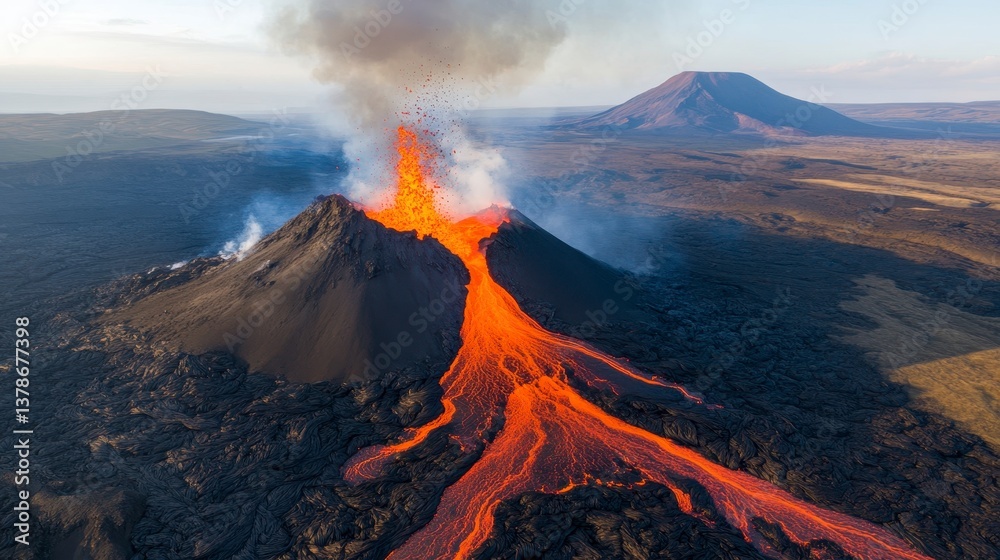 Fototapeta premium Molten Majesty: An active volcano unleashes a river of fiery lava, cascading down its slopes, and transforming the rugged landscape. The image captures the raw power and untamed beauty of nature.