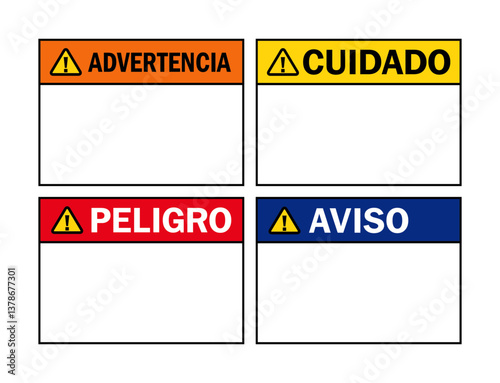Spanish Hazard Signs Vector Set, Advertencia Sign, Cuidado Sign, Peligro Sign, Aviso Sign	
