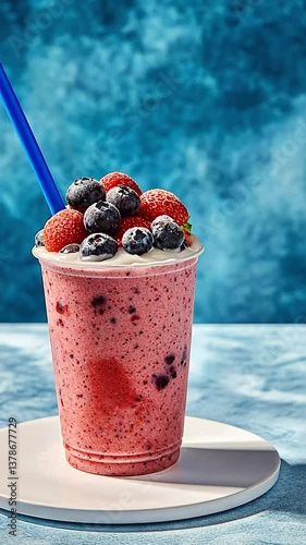 Fruity smoothie in a clear cup topped with fresh berries, a blue straw, on a white plate, against a blue backdrop