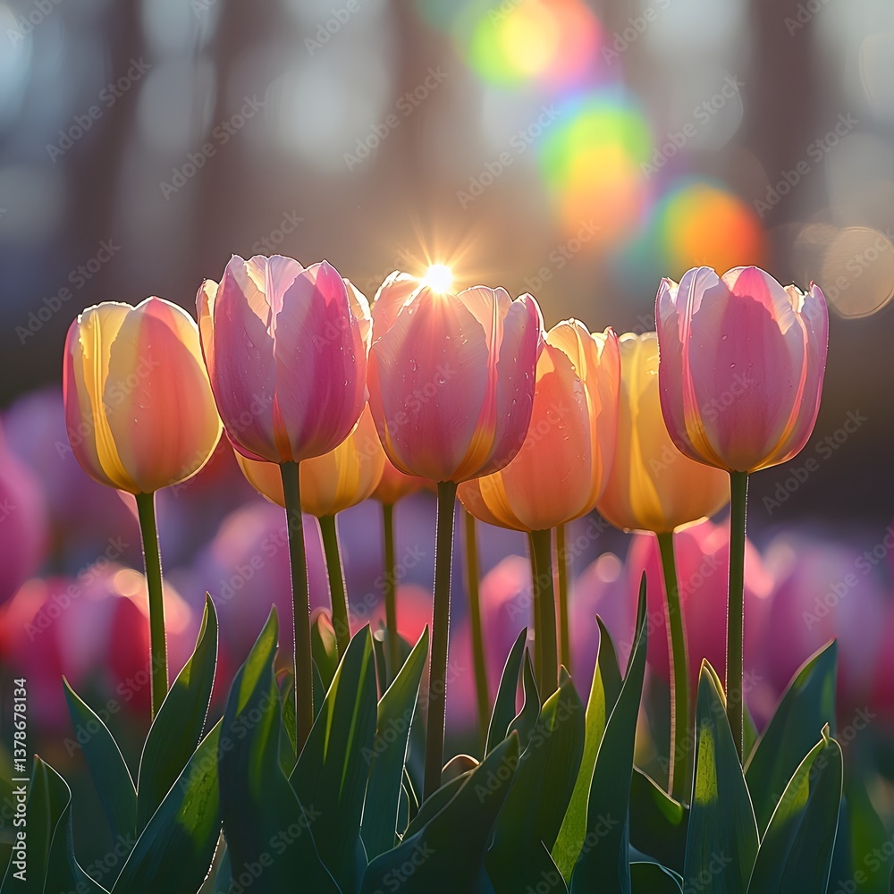 A field of vibrant tulips blooming under a light drizzle with rainbows in the background