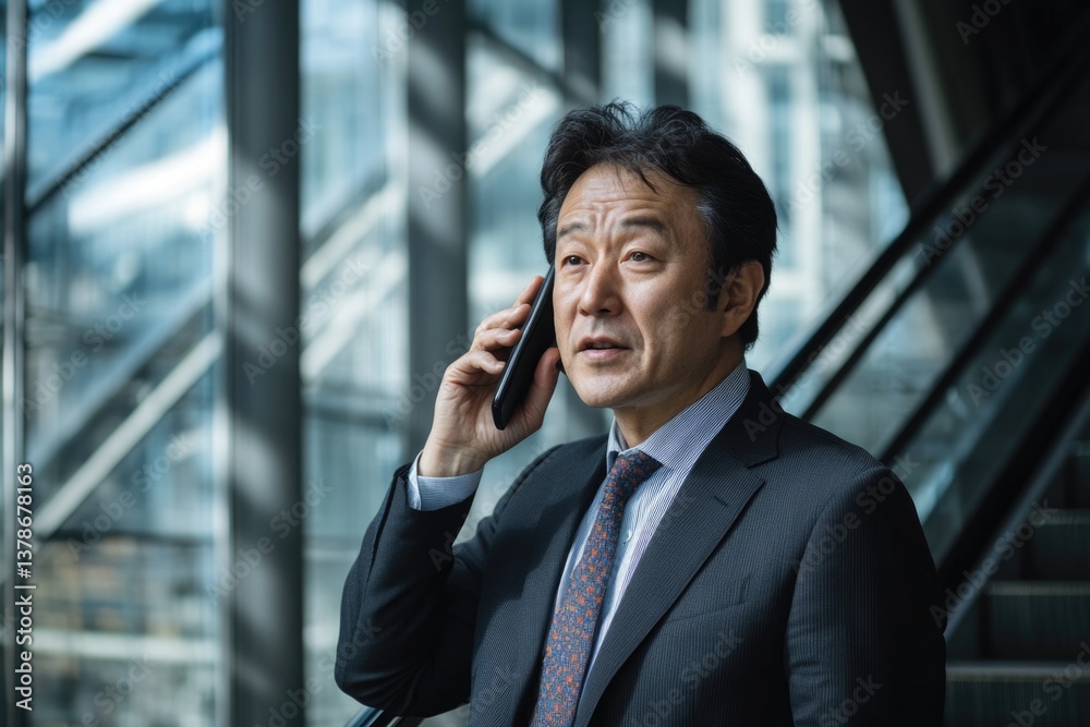 Businessman in suit talking on phone inside modern building during daylight hours Businessman in suit talking on phone inside modern building during daylight hours