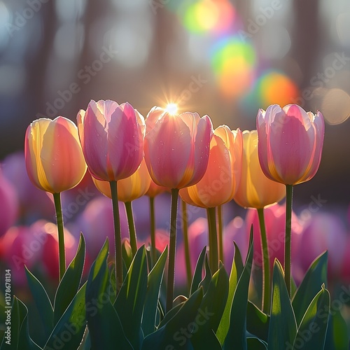 Obraz na płótnie A field of vibrant tulips blooming under a light drizzle with rainbows in the background w salonie