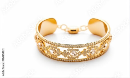 Gold Cuff Bracelet with Clear Crystal Detail on White Background