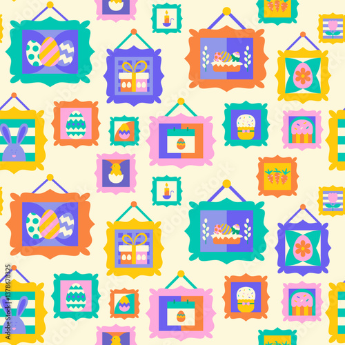 Happy Easter Paintings Seamless Pattern. Vector Illustration of Museum Art in Frames Background. Wall Texture. Seasonal Religious Holiday. Egg Hunt and Bunny.