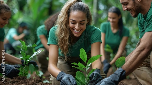 A group of people are planting trees in a forest
