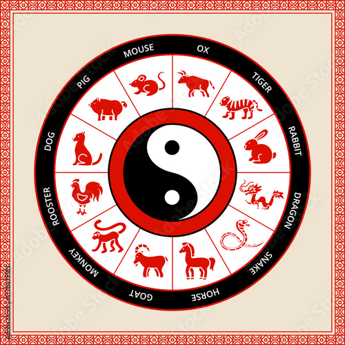 Chinese Black Red Horoscope Circle. Zodiac Round Vector Illustration Thin Outline China Culture Symbols. Year Animals Objects.