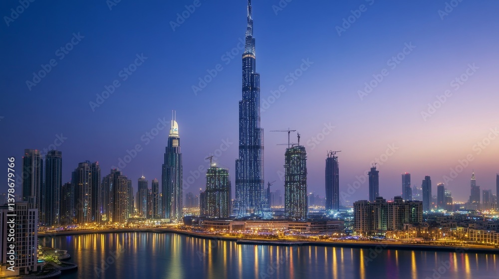 Obraz premium Majestic burj khalifa illuminates dubai skyline at dusk aerial view cityscape urban life