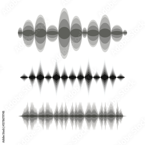 Black sound waves on white background - Music wave frequency or equaliser audio lines and digital voice volume visualisation vector set isolated illustrations 