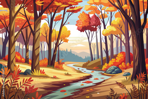 Autumnal Forest with Creek, Scenic Trees, and Falling Leaves; Woodland Vista