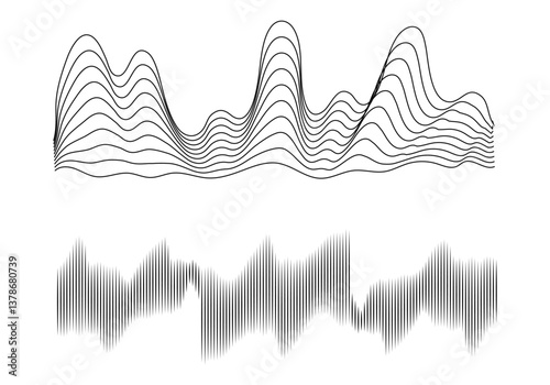 Black sound waves on white background - Music wave frequency or equaliser audio lines and digital voice volume visualisation vector set isolated illustrations 