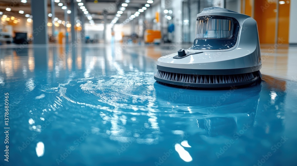 Robotic floor cleaner operating on shiny blue surface in spacious modern industrial facility Robotic floor cleaner operating on shiny blue surface in spacious modern industrial facility