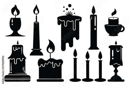 Minimal Black Paraffin Candle Icon Silhouette, Relaxing Aroma Candlelight Decoration Vector.