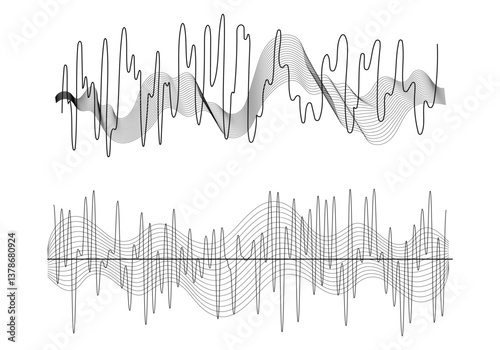 Black sound waves on white background - Music wave frequency or equaliser audio lines and digital voice volume visualisation vector set isolated illustrations 