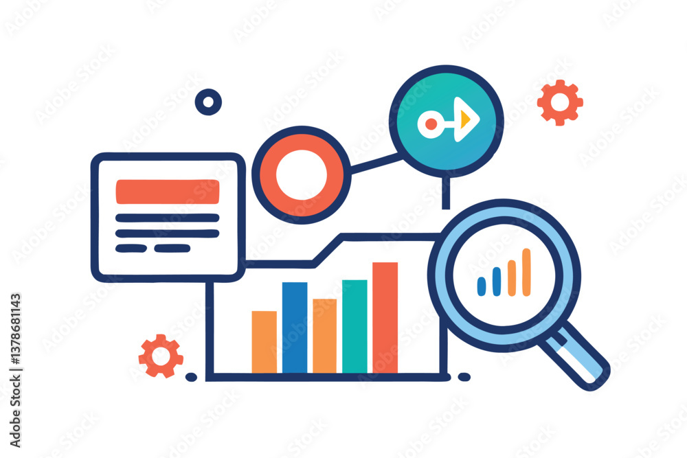 Bright Flat Style Chart Analysis with Magnifying Glass on White Bright Flat Style Chart Analysis with Magnifying Glass on White