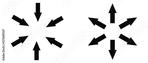 black silhouette inward arrow icon. flat and vintage style inward arrow on white background.