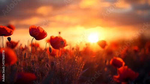 A dreamy sunset view of wild poppies in a field, the red petals glowing against the backdrop of a warm, golden sky and soft, wispy clouds.
