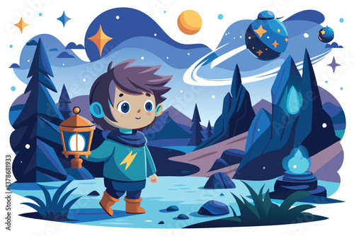 Cartoon Boy Exploring Night Landscape with Lantern, Planets and Stars Design