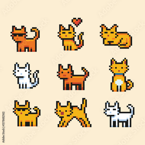this is a cat icon set in pixel art with colorful color,this item good for presentations,stickers, icons, t shirt design,game asset,logo and project.