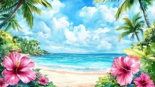 tropical flowers on the beach with the ocean and sky in the background