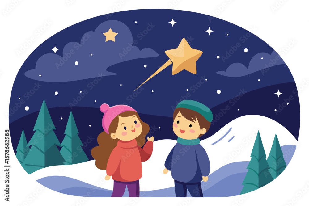 Naklejka premium Cartoon Kids Stargazing at Night with Sparkling Star and Winter Landscape