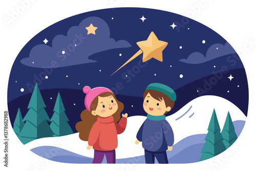 Cartoon Kids Stargazing at Night with Sparkling Star and Winter Landscape