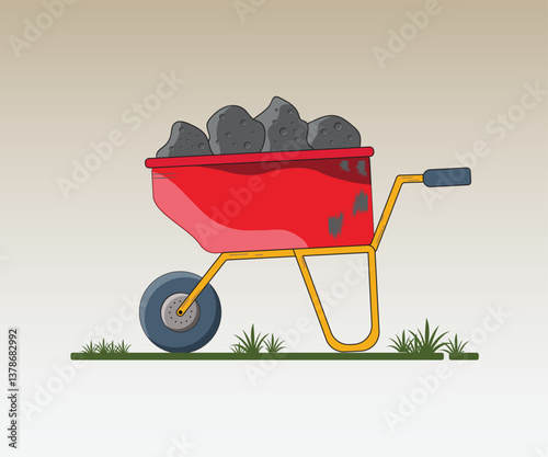 Red Wheelbarrow with Rocks - Construction and Gardening Illustration