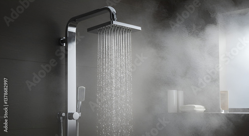 A modern square showerhead releases a stream of hot water, enveloped in gentle steam for a soothing and luxurious bathing experience