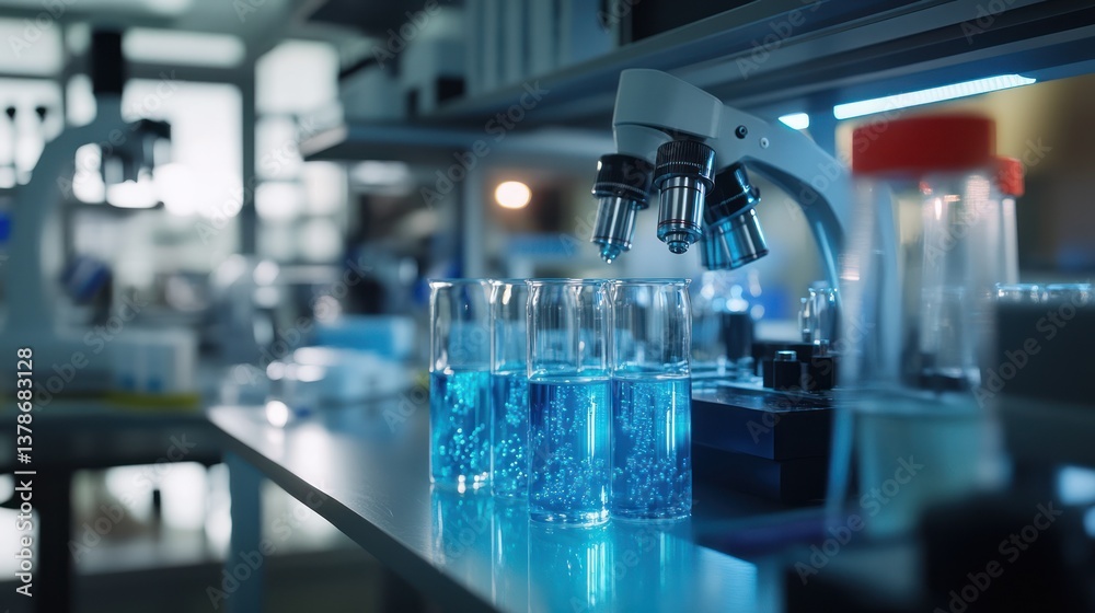 A microscope and tubes containing blue liquid in a lab A microscope and tubes containing blue liquid in a lab