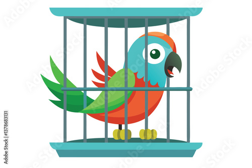 Cartoon Parrot in Blue Cage with Colorful Plumage on White Background
