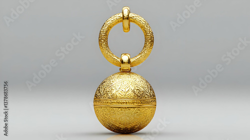 Detailed Golden Sphere with Ornate Ring Hanging on Gray Background Represents Wealth Luxury and Precious Metals for High End Decoration