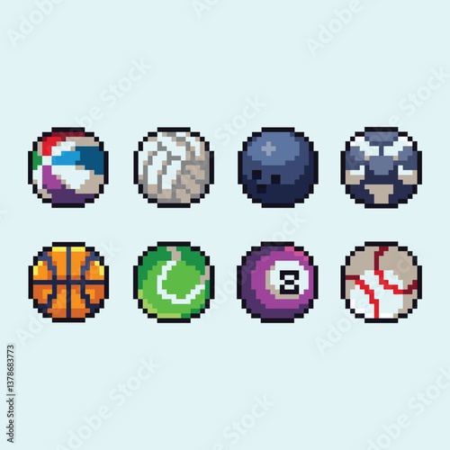this is ball icon set in pixel art with simple color and white background ,this item good for presentations,stickers, icons, t shirt design,game asset,logo and your project.