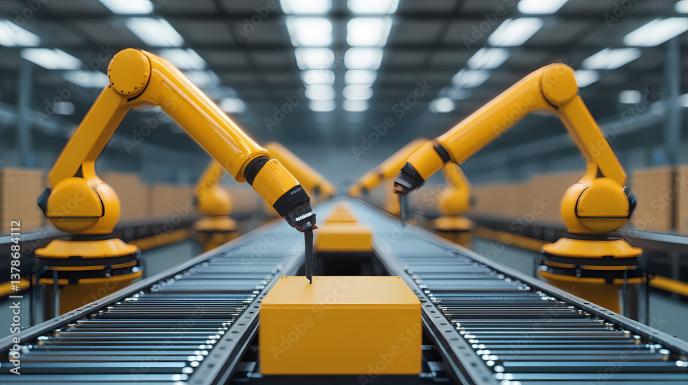 A modern industrial scene featuring robotic arms working on a conveyor belt, showcasing automation in a manufacturing environment. A modern industrial scene featuring robotic arms working on a conveyor belt, showcasing automation in a manufacturing environment.