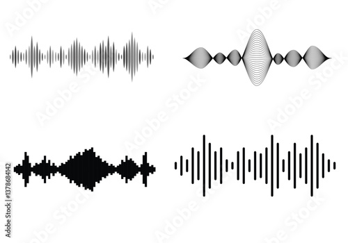 Black sound waves on white background - Music wave frequency or equaliser audio lines and digital voice volume visualisation vector set isolated illustrations 