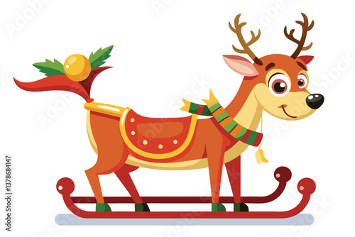 Cheerful Cartoon Reindeer Sleigh on White Background with Striped Scarf
