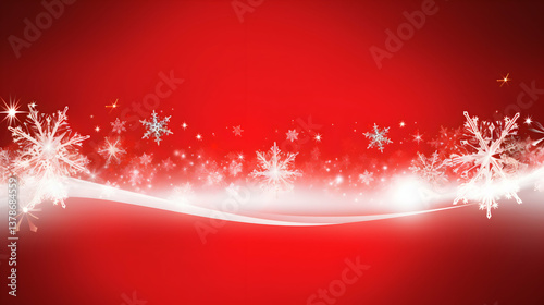 A magical winter's night unfolds, snowflakes dance on a crimson canvas, glistening with soft white light and a gentle wave.